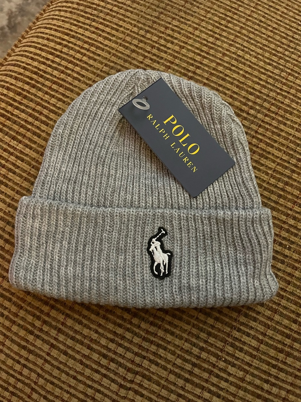 Polo by Ralph Lauren Light Gray Ribbed Knit Beanie with Embroidered Polo Player